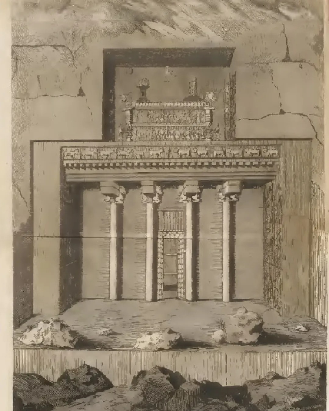 تصویری از قدیمی‌ترین نقاشی‌های موجود از دو آرامگاه جنوبی شماره ۵ و آرامگاه شمالی شماره ۶ تخت‌جمشید وجود دارد که به «ژان شاردن» کشیده شده است. ۶ مقبره صخره‌ای از شاهان هخامنشی بر جای مانده که چهار عدد در نقش رستم و دو عدد در بالای صفه تخت جمشید قرار دارد. مقبره شمالی که روبه‌روی کاخ صد ستون قرار دارد، احتمالا متعلق به اردشیر سوم است؛ در بالای مقبره تصویر نمایندگان ملت‌های مختلف حک شده که سریر شاهی را بر دوش می کشند و شاه در بالای آن ایستاده است. مقبره جنوبی هم متعلق به اردشیر دوم است که تقریبا همه مقبره‌ها شبیه هستند. این مقبره نیز در قسمت بالایی طرح تخت شاهنشاهی را دارد که بر سر نمایندگان ملت‌ها است و سنگ نبشته در کنار آن قرار دارند.