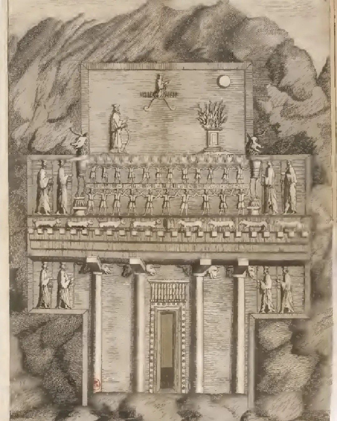 تصویری از قدیمی‌ترین نقاشی‌های موجود از دو آرامگاه جنوبی شماره ۵ و آرامگاه شمالی شماره ۶ تخت‌جمشید وجود دارد که به «ژان شاردن» کشیده شده است. ۶ مقبره صخره‌ای از شاهان هخامنشی بر جای مانده که چهار عدد در نقش رستم و دو عدد در بالای صفه تخت جمشید قرار دارد. مقبره شمالی که روبه‌روی کاخ صد ستون قرار دارد، احتمالا متعلق به اردشیر سوم است؛ در بالای مقبره تصویر نمایندگان ملت‌های مختلف حک شده که سریر شاهی را بر دوش می کشند و شاه در بالای آن ایستاده است. مقبره جنوبی هم متعلق به اردشیر دوم است که تقریبا همه مقبره‌ها شبیه هستند. این مقبره نیز در قسمت بالایی طرح تخت شاهنشاهی را دارد که بر سر نمایندگان ملت‌ها است و سنگ نبشته در کنار آن قرار دارند.