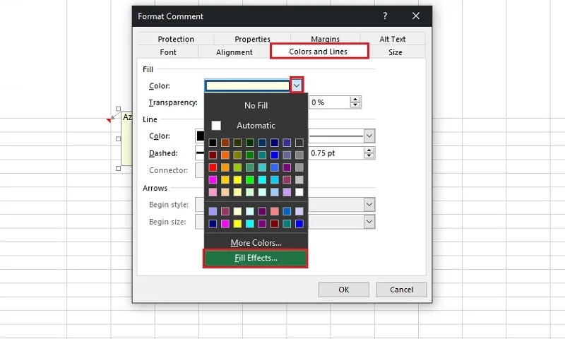 قرار دادن عکس در کامنت اکسل از منوی Properties