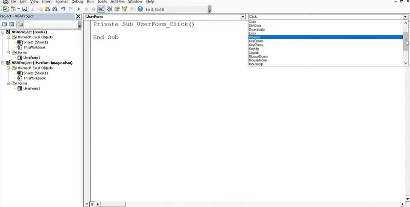 تعیین Event یوزرفرم