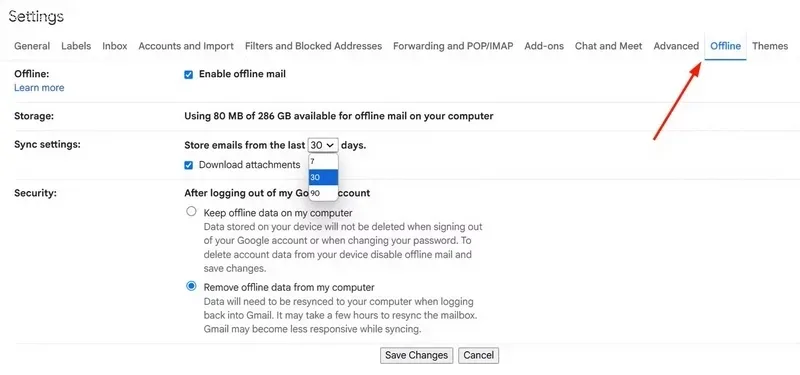 انتخاب تب آفلاین در جیمیل آفلاین