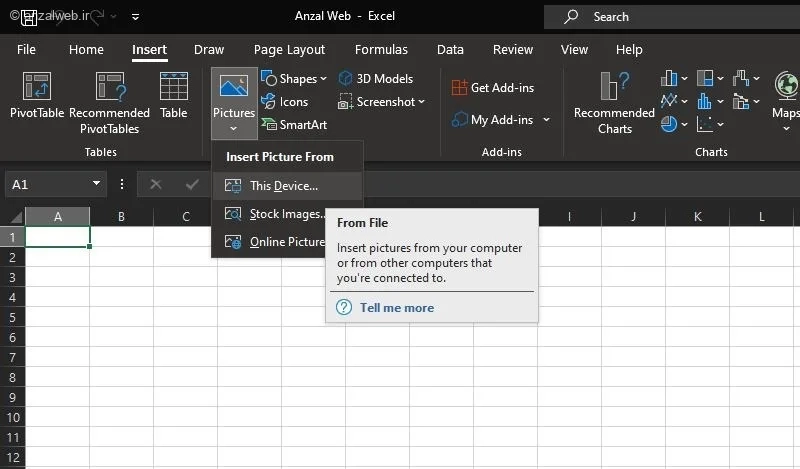 انتخاب تب Insert برای قرار دادن عکس در اکسل